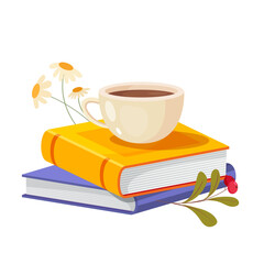 Stack of books with a cup of tea and flowers. Vector illustration isolated on white background