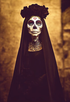  Parca. Huesuda Catrina de d&iacute;a de muertos. Retrato de catrina. Mujer con maquillaje de catrina. D&iacute;a de muertos