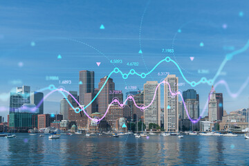 Panorama city view of Boston Harbor at day time, Massachusetts. Building exteriors of financial downtown. Glowing FOREX graph hologram. The concept of international trading and fundamental analysis