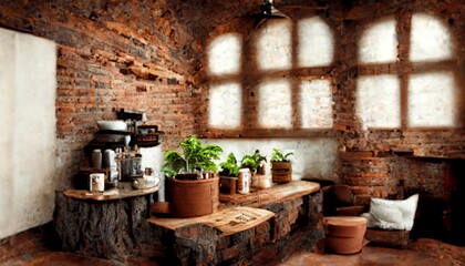 Scandinavian loft style cafe interior illustration design