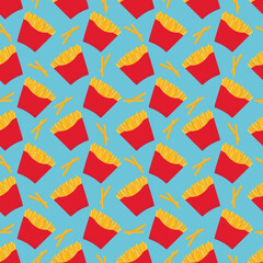 Seamless vector pattern of French fries. For printing, wrapping paper, advertising, restaurant menus, packaging, books, postcards, magazine covers, web pages, fabrics, textiles, grocery stores.