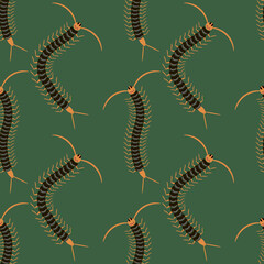 Black Cartoon Scolopendra Isolated on Green Background. Giant Sentipede Animal Icon Seamless Pattern.