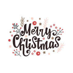 Merry Christmas - hand drawn lettering with florals. Vector illustration.