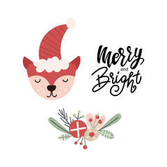 Merry and Bright - hand drawn lettering quote with fox and florals, Christmas greeting card design. Vector illustration.