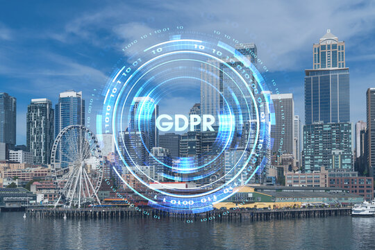 Seattle skyline with waterfront view. Skyscrapers of financial downtown at day time, Washington, USA. GDPR hologram, concept of data protection regulation and privacy for all individuals