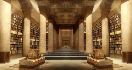 Ancient fundamental majestic Egyptian library, ancient books, papyri, temple of knowledge, history of Ancient Egypt. 3D illustration - obrazy, fototapety, plakaty