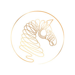 Horse head one line icon. Golden contour on transparent background. Animal illustration in minimalistic style. Vector single line art for emblem, icon, apparel print, textile, modern decor