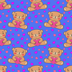 Seamless pattern with teddy bears and hearts on a blue background. Perfect for Valentine's Day, Birthday, wedding cards, wrapping paper, background, wallpaper, textile design.