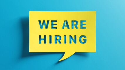 We are hiring speech bubble announcement. Open job vacancies to join our team. Recruitment sign. Human resources and employment. Professional career. Yellow. - obrazy, fototapety, plakaty
