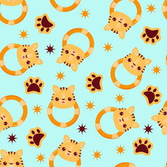 Seamless pattern with animals on a green background. A pattern with a baby rattle in the form of a tiger. Kawaii animals