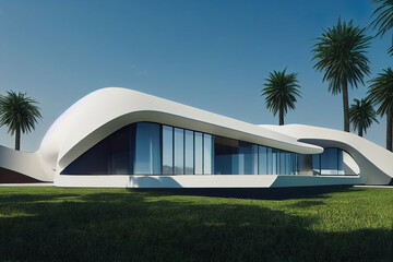 beautiful luxury contemporary house design, organic architectural shapes, clear blue sky, green environment, concept design