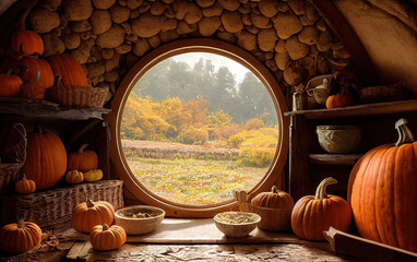 Happy thanksgiving, happy halloween Cozy rustic wooden log cabin house interior autumn harvest, pumpkins, warm lights - obrazy, fototapety, plakaty