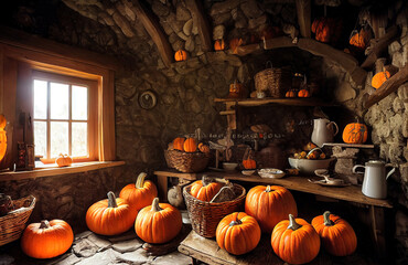 Obraz premium Happy thanksgiving, happy halloween Cozy rustic wooden log cabin house interior autumn harvest, pumpkins, warm lights