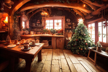 Cozy rustic wooden log cabin house interior, christmas decoration, candles, warm lights, merry christmas