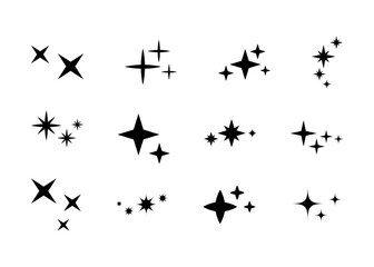 Set of decorative sparkles elements. Black little stars, isolated on white background. Cute star silhouettes for decorating invitations and cards, holiday decor and design.
