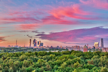 Bright clouds over Moscow City at sunset