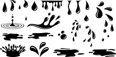 Puddles drops splashing water. Dripping liquid elements, isolated black ink flow. Tears flowing vector silhouettes, oil or rain drips - obrazy, fototapety, plakaty