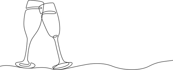 Twee rammelende champagneglazen één lijnontwerp. Creatief mousserend wijnglas, ononderbroken lijnen vectorbanner. Ontwerp voor feest, jubileumfeest, nieuwjaarsfestival