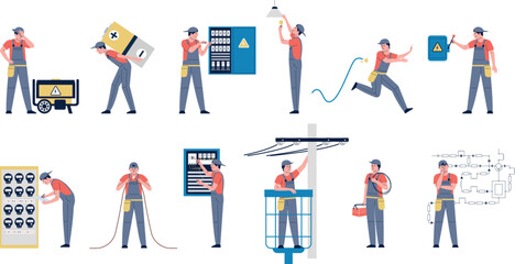 Electricity workers work with transformer, maintenance energy objects. Electrical safety, technician electrician man and power supply. Recent service vector characters