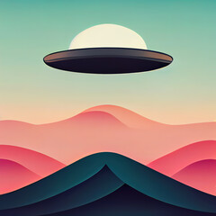 Fototapeta na wymiar Flying saucer in the sky over the mountains. Stylized flying saucer in the sky. Digital illustration.
