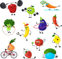Cartoon sport fruits, funny yoga and strong training. Fit fruit, pepper, strawberry carrot and apple. Healthy food garish characters, vegetable vector set