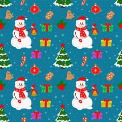 Christmas seamless pattern with snowman, Christmas tree, deer with gifts on a blue background. Winter pattern for wrapping paper and packaging, Christmas cards, web page background.