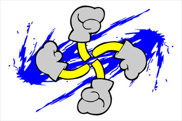 vector design of hands arranged like a pinwheel with a clenched position. wearing gray gloves