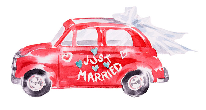 Vintage car with veil. Watercolor hand painted just married car. Wedding concept illustration. Romatic design isolated on white.