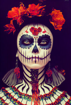 Woman with sugar skull makeup. Mexican carival skull. Mexico skull festival. Halloween party, traditional Mexican carnival