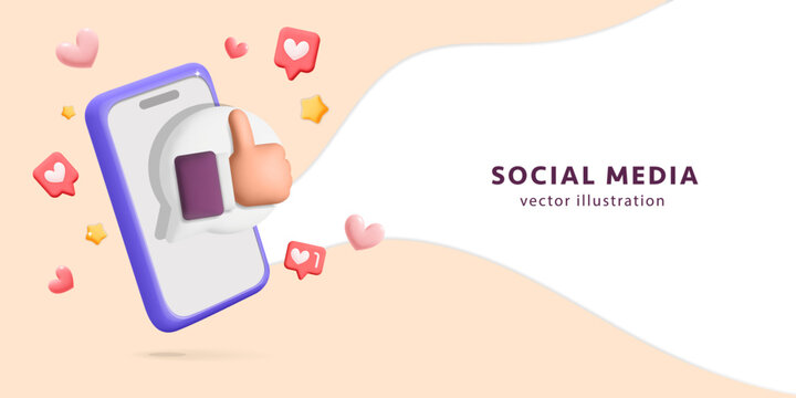 3d vector cartoon render online marketing promotion in social media on smartphone banner design illustration. Mobile phone with like, thumb up hand gesture, love social media symbols and speech chat