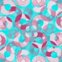 Fototapeta na wymiar Seamless pattern with turquoise,rosybrown semi-rings paint brush strokes,halftone.Round shapes of halftone point endless wallpaper ornament.Layering effect.For surface design,apparel,fabric,textile