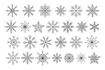 Snowflakes Christmas set simple doodle linear hand drawn vector illustration, winter holidays New Year elements for seasons greetings cards, invitations, banner, poster, stickers
