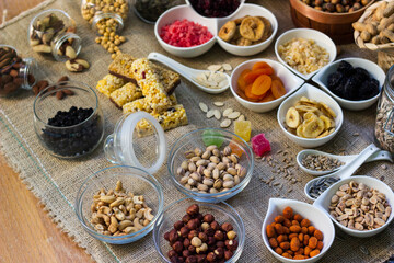 Bar with granola, dried fruits and nuts