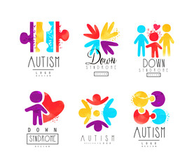 Autism and Down Syndrome Abstract Emblems with Puzzle and Bright Hand Palm Vector Set