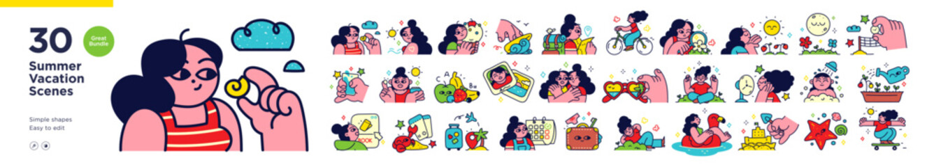 Summer activities and vacation concept illustrations. Collection of people performing summer outdoor activities on the beach. Vector illustration