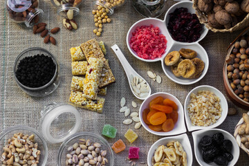 Bar with granola, dried fruits and nuts