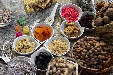 Bar with granola, dried fruits and nuts
