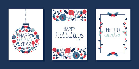 Obraz na płótnie Canvas Christmas and new year vector cards in blue,red,white etc. With flowers and balls