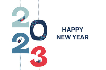 Greeting banner with happy new year text and 2023 numbers decoarted with flowers,ball,presents etc