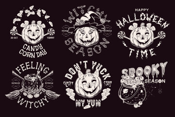 Set of halloween labels with sweets, witch hat, candy corn, eyes, cauldron, broomstick, text, pumpkins like human characters such as happy kids and funny witch Monochrome emblems on a black background