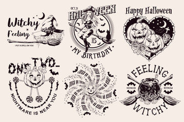 Set of halloween vintage emblems with beautiful witch, candy, bones, full moon, broomstick, text pumpkins like human characters such as happy kids. Monochrome creative illustrations