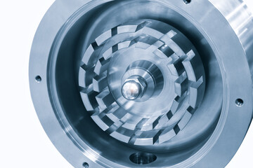 Industrial metalworking concept background, shiny metal shaft  close up