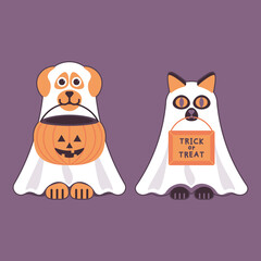 illustration of cat and dog ghosts, kitty and puppy in Halloween costume, collecting candy