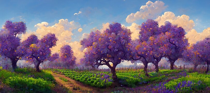 Beautiful serene countryside scene - Lush organic green grass, vibrant lavender spring colors. Purple tree leaves and gorgeous epic background late afternoon clouds. Rural pastel stylized illustration