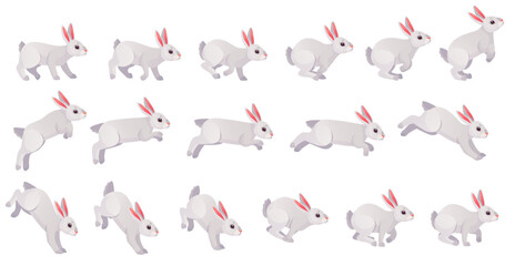 Rabbit animation. Bunny jump or animated running motion cycle for 2d game, speed run hare body animal sequence frame set sprite sheet different move, ingenious vector illustration
