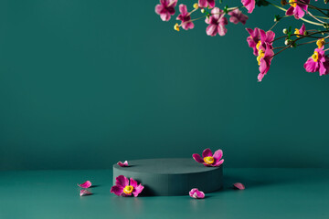 Podium and brigth purple flowers on dark teal background. Scene to show cosmetic products. Mock up. Trendy color 2023