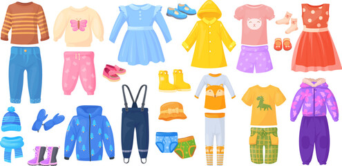 Kids seasonal outfit. Baby child autumn winter spring summer clothes, children colouring clothing male pants warm jumper coat dress shirt, cartoon apparel neat vector illustration