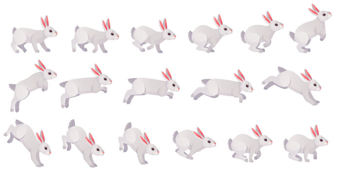 Rabbit Animation. Bunny Jump Or Animated Running Motion Cycle For 2d Game, Speed Run Hare Body Animal Sequence Frame Set Sprite Sheet Different Move, Ingenious Vector Illustration