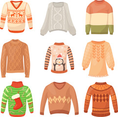 Cartoon wool sweater. Warm knit jumpers, children sweatshirt winter clothings fall cardigan cute pullover soft garment different colors, ugly sweaters, set neat vector illustration