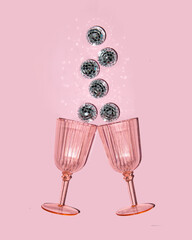 Glasses and shiny disco balls on pastel light pink background. Minimalistic party concept. Creative...